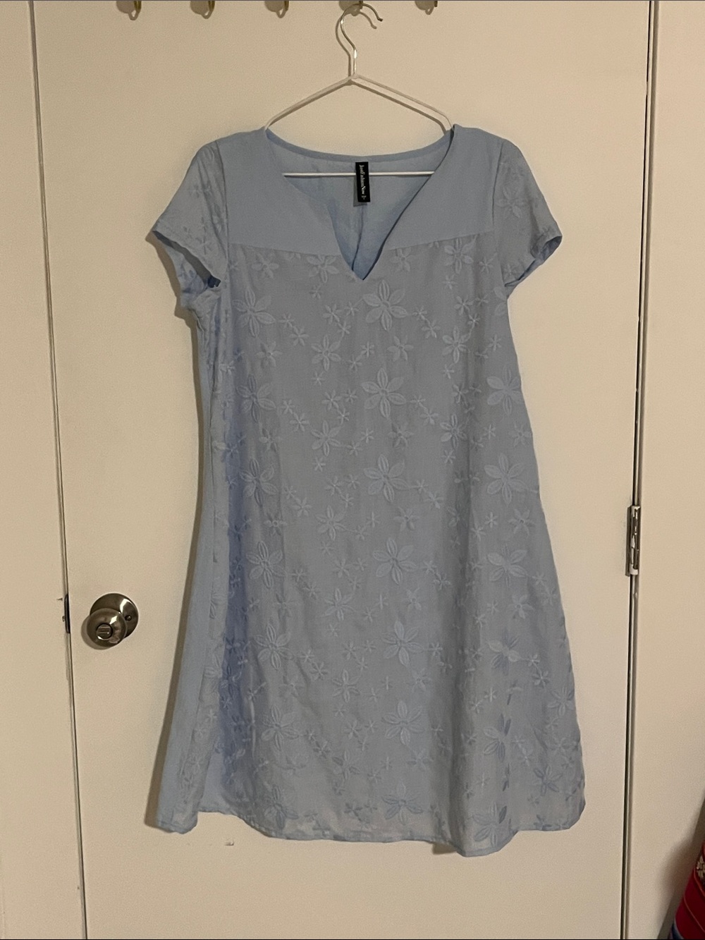 Light Blue Floral Eyelet V-Neck Shift Dress